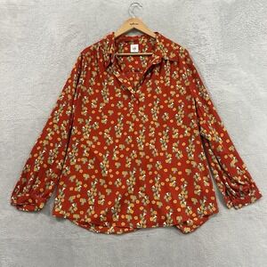 Cabi 1/4 Button Belfry Blouse Women XL Red Long Sleeve Floral Red Prairie Boho